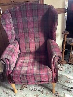 Tartan Burgundy Check High Back Wing Chair Vgc