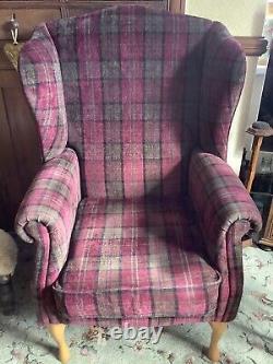 Tartan Burgundy Check High Back Wing Chair Vgc