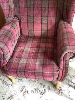 Tartan Burgundy Check High Back Wing Chair Vgc