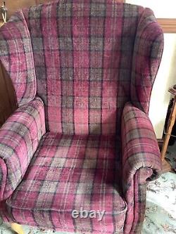 Tartan Burgundy Check High Back Wing Chair Vgc