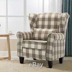 Tartan Check Fabric Sofa Wing Back Fireside Tub Armchair Occasional Lounge Chair