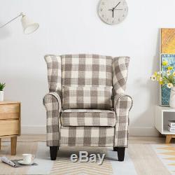 Tartan Checked Fabric Upholstered Armchair High Back Winged Chair Fireside Sofa