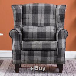 Tartan Fabric Checked Grey Armchair Chesterfield Fireside Winged Chair Tub Sofa