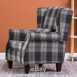 Tartan Fabric Checked Grey Armchair Chesterfield Fireside Winged Chair Tub Sofa