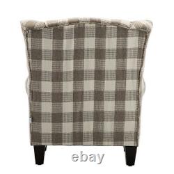 Tartan Fabric Upholstered Armchair High Back Winged Chair Fireside Sofa +Cushion