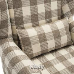 Tartan Fabric Upholstered Armchair High Back Winged Chair Fireside Sofa +Cushion