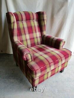 Tartan Fireside Armchair, High Back Winged Chair, Fabric, Red, Green