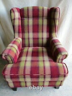 Tartan Fireside Armchair, High Back Winged Chair, Fabric, Red, Green