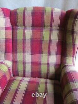 Tartan Fireside Armchair, High Back Winged Chair, Fabric, Red, Green