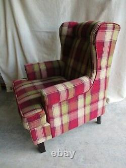 Tartan Fireside Armchair, High Back Winged Chair, Fabric, Red, Green