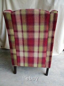 Tartan Fireside Armchair, High Back Winged Chair, Fabric, Red, Green