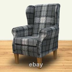 Tartan Grey Wingback Armchair Fireside Accent Handmade in Sophie Zinc Fabric