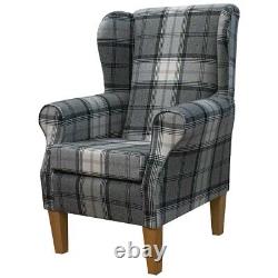 Tartan Grey Wingback Armchair Fireside Accent Handmade in Sophie Zinc Fabric