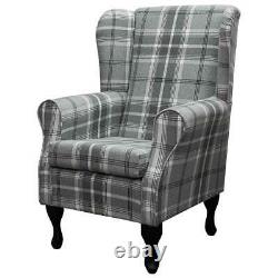 Tartan Grey Wingback Armchair Fireside Chair in Balmoral Check Dove Grey Fabric