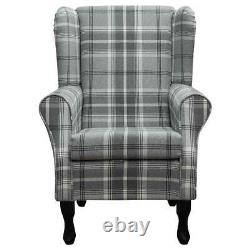 Tartan Grey Wingback Armchair Fireside Chair in Balmoral Check Dove Grey Fabric