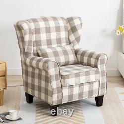 Tartan Style Fabric Upholstered Wing Back Armchair Sofa Fireside Living Room UK