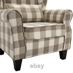 Tartan Style Fabric Upholstered Wing Back Armchair Sofa Fireside Living Room UK