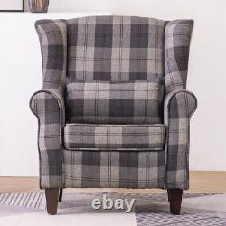 Tartan Tweed Sherlock Armchair Wingback Highback Chair Lounge Sofa Fireside Grey