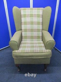 Tartan Wingback Chair, Green, Cream High Back Fireside Armchair, Queen Anne Legs