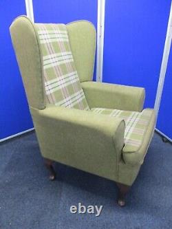 Tartan Wingback Chair, Green, Cream High Back Fireside Armchair, Queen Anne Legs