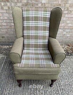 Tartan Wingback Chair, Green, Cream High Back Fireside Armchair, Queen Anne Legs