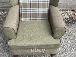 Tartan Wingback Chair, Green, Cream High Back Fireside Armchair, Queen Anne Legs