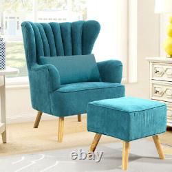Teal Fabric Wing Back Armchair with Footstool Fireside Lounge Chair Reception