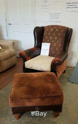 Tetrad Leather Classic Vintage Wing Back Fireside Chair and Foot Stool