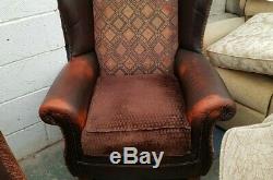 Tetrad Leather Classic Vintage Wing Back Fireside Chair and Foot Stool