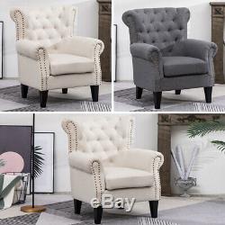 Tufted Fabric Button Fireside Armchair Occasional Wing Back Chair Lounge Sofa UK