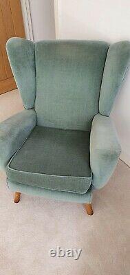 Two Vintage Solid Green Leaf Velvety Fabric High Wing Back Fireside Chairs