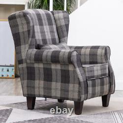 UK Tartan Fabric Fireside Armchair Wing Back Scroll Arm Sofa Living Room Bedroom