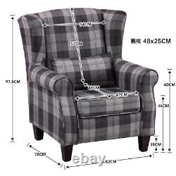 UK Tartan Fabric Fireside Armchair Wing Back Scroll Arm Sofa Living Room Bedroom