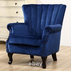 Upholster Accent Armchair Sofa Velvet Wingback Fireside Rivet Chair Bedroom Blue