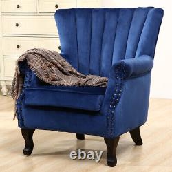 Upholster Accent Armchair Sofa Velvet Wingback Fireside Rivet Chair Bedroom Blue