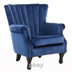 Upholster Accent Armchair Sofa Velvet Wingback Fireside Rivet Chair Bedroom Blue