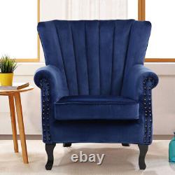 Upholster Accent Armchair Sofa Velvet Wingback Fireside Rivet Chair Bedroom Blue