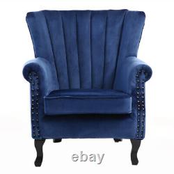 Upholster Accent Armchair Sofa Velvet Wingback Fireside Rivet Chair Bedroom Blue