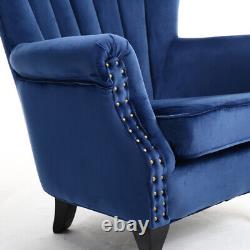 Upholster Accent Armchair Sofa Velvet Wingback Fireside Rivet Chair Bedroom Blue