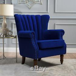Upholstered Blue Fabric Wing Armchair Retro Sofa Chair High Back Fireside Seat