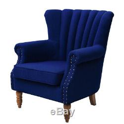 Upholstered Blue Fabric Wing Armchair Retro Sofa Chair High Back Fireside Seat