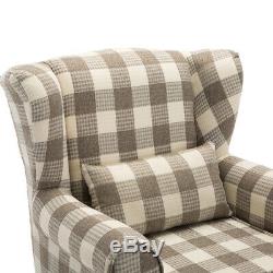 Upholstered High Back Wing Chair Tartan Check Fabric Armchair Fireside Sofa Seat