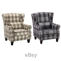 Upholstered High Wing Back Armchair Tartan Fabric Chair Fireside Seat Sofa Check