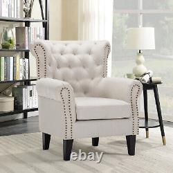 Upholstered Linen Accent Armchair Curved Wing Back Fireside Chair Lounge Sofa
