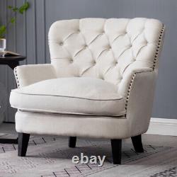 Upholstered Linen Armchair Stud Button Back Fireside Chair Lounge Sofa Wood Legs