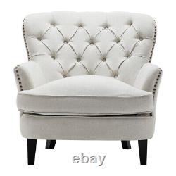 Upholstered Linen Armchair Stud Button Back Fireside Chair Lounge Sofa Wood Legs