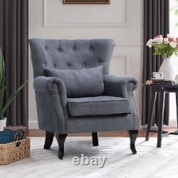 Upholstered Linen Fabric Wing Back Armchair Sofa Rivets Studded Chair Fireside