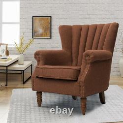 Upholstered Linen Wing Shell Back Fireside Chair Armchair Rivet Lounge Sofa Home