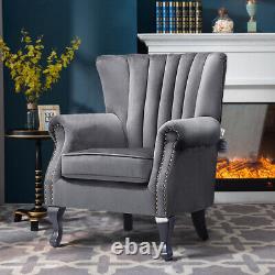 Upholstered Oyster Scallop Wing Back Accent Chair Grey Velvet Fireside Armchair