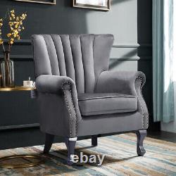 Upholstered Oyster Scallop Wing Back Accent Chair Grey Velvet Fireside Armchair